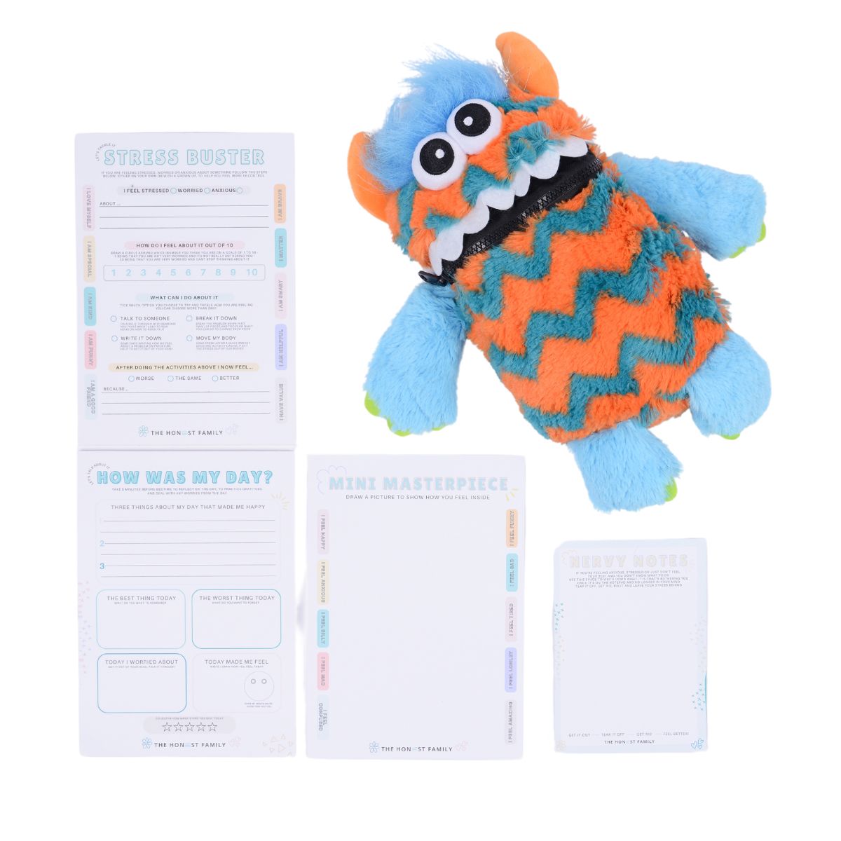 Worry Buster Children's / Kids / Inclusive Mental Health Bundle - Large Worry Monster - 4 Notepads - UV Light Pen - Anxiety Stress relief tool - The Honest Family