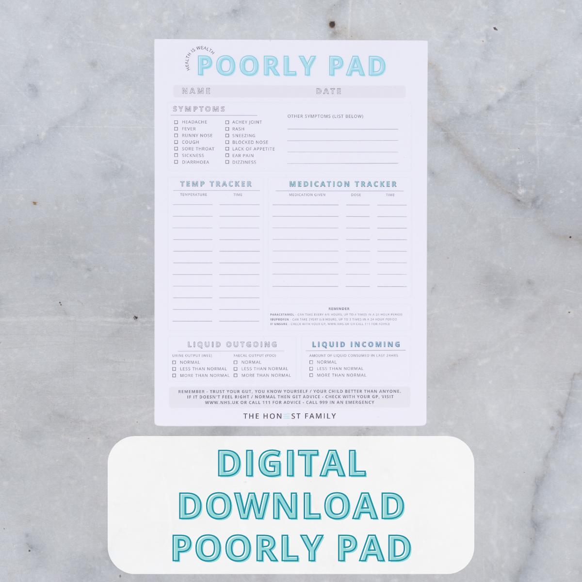 The Poorly Pad- DIGITAL DOWNLOAD - PDF - The Honest Family
