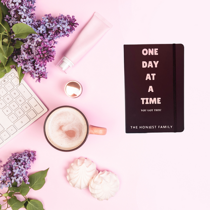 One Day At A Time A5 Lined Notebook - Black - 96 pages - Positivity Notebook - The Honest Family