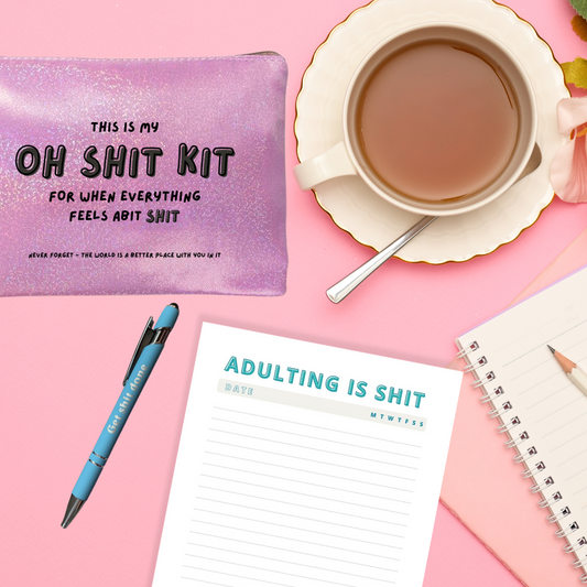 Calm Down Kit - SWEARY - "Oh S**T Kit" -  Sweary Cosmetic Bag With Zip - Sweary Pen - Adulting is S**t - A5 Lined Notepad - 50 pages - Gift - The Honest Family
