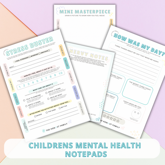 Children's / Kids / Inclusive Mental Health Notepad Bundle - 4 Notepads -Mini Masterpiece - A5 - How was my day? - A5- Stressbuster - A6 -Nervy Notes - Anxiety - 5 Star Rated - The Honest Family