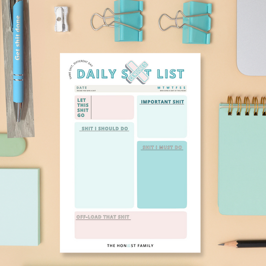 The Daily S**T List - Sweary Daily Planner Notepad - Organisational Planner - A5 - 50 Pages - Colourful - Pretty - Naughty Notepad - Gift - Secret Santa - The Honest Family