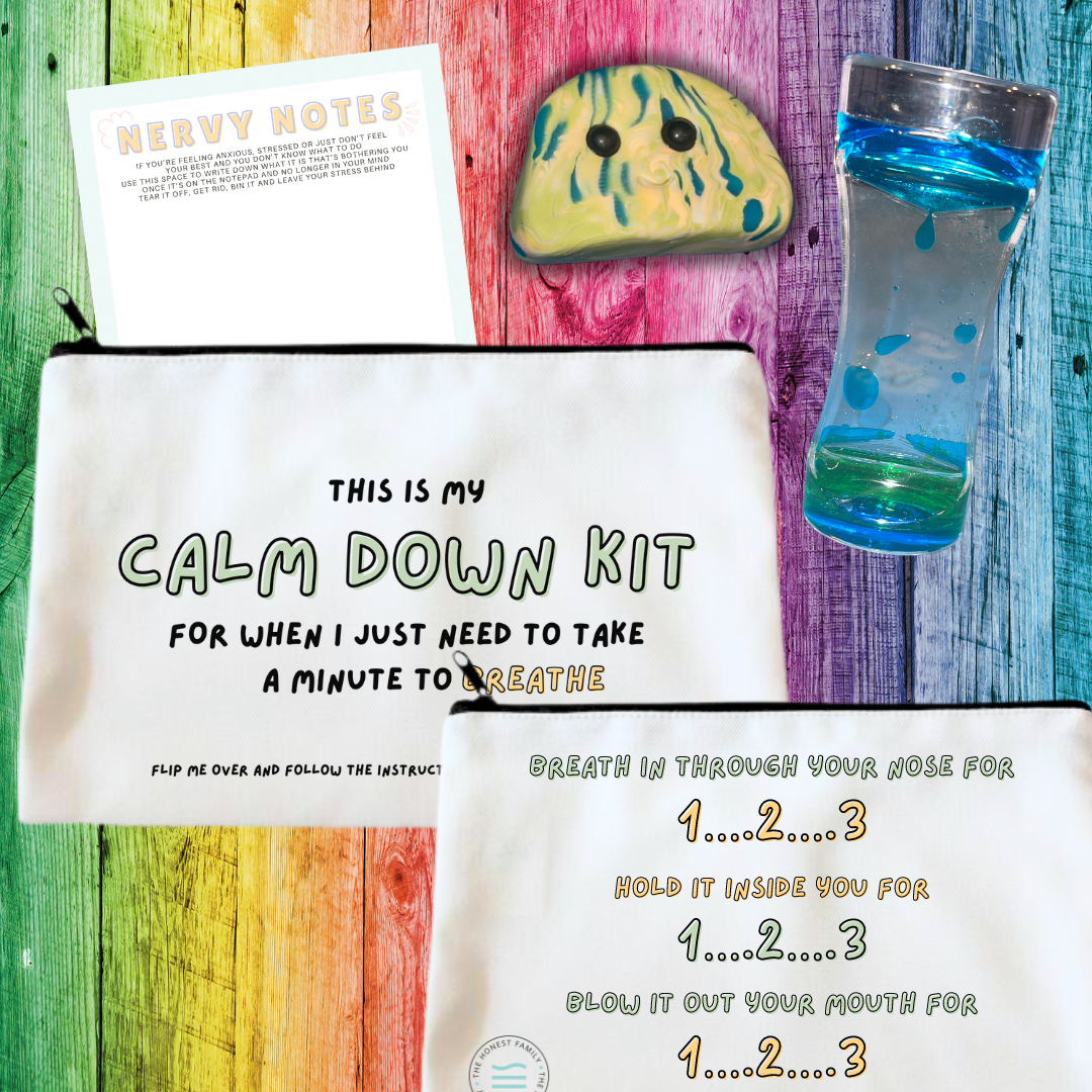 Calm down kit -Children's / Kids/ Inclusive - Linen Bag- UV Light Pen - Kindness Buddie - Sensory Liquid Timer - Scratch and Sniff Bookmark - A6 Nervy Notes- The Honest Family