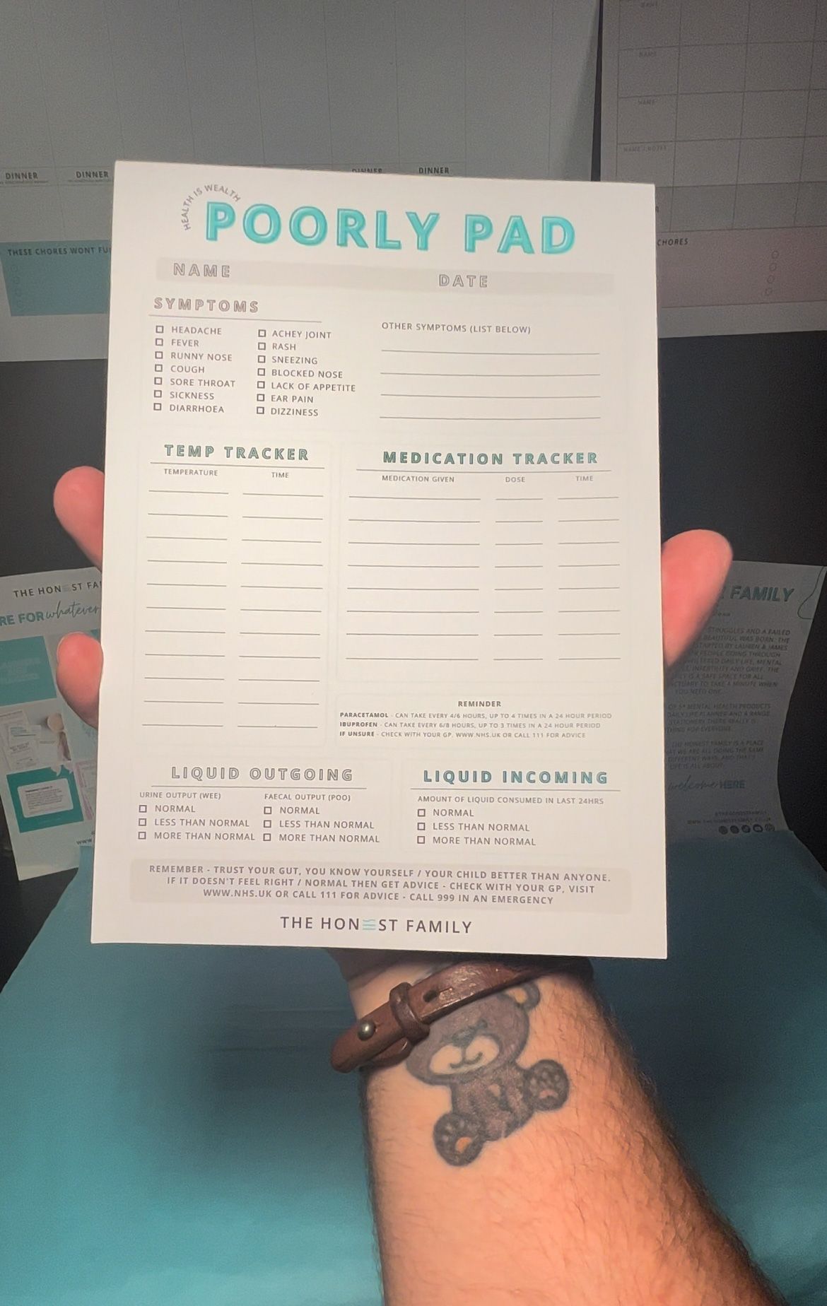 Poorly Pad Notepad -  A5 - 50 pages - Sickness Tracker-  Perfect for Unwell children or loved ones- Health Anxiety Tool - The Honest Family