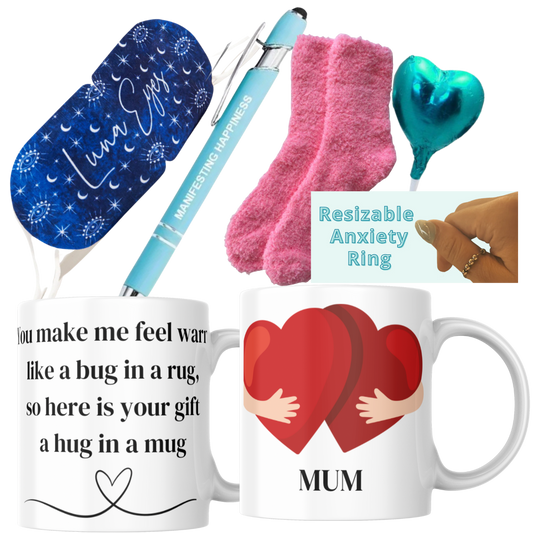 Mother's day "Hug in a mug" Gift Set - Contains -  Mug - Anxiety Ring, Heated Facemask, Chocolate Lolly- THF Luxury Pen with Stylus - Cosy Soft Socks - The Honest Family