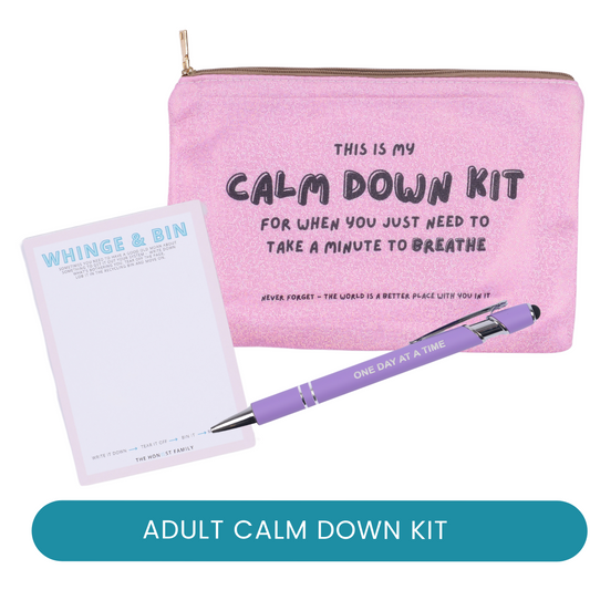 Calm Down Kit -  Mental Health Set - Cosmetic bag - Pen / stylus - Whinge and Bin Notepad - The Honest Family