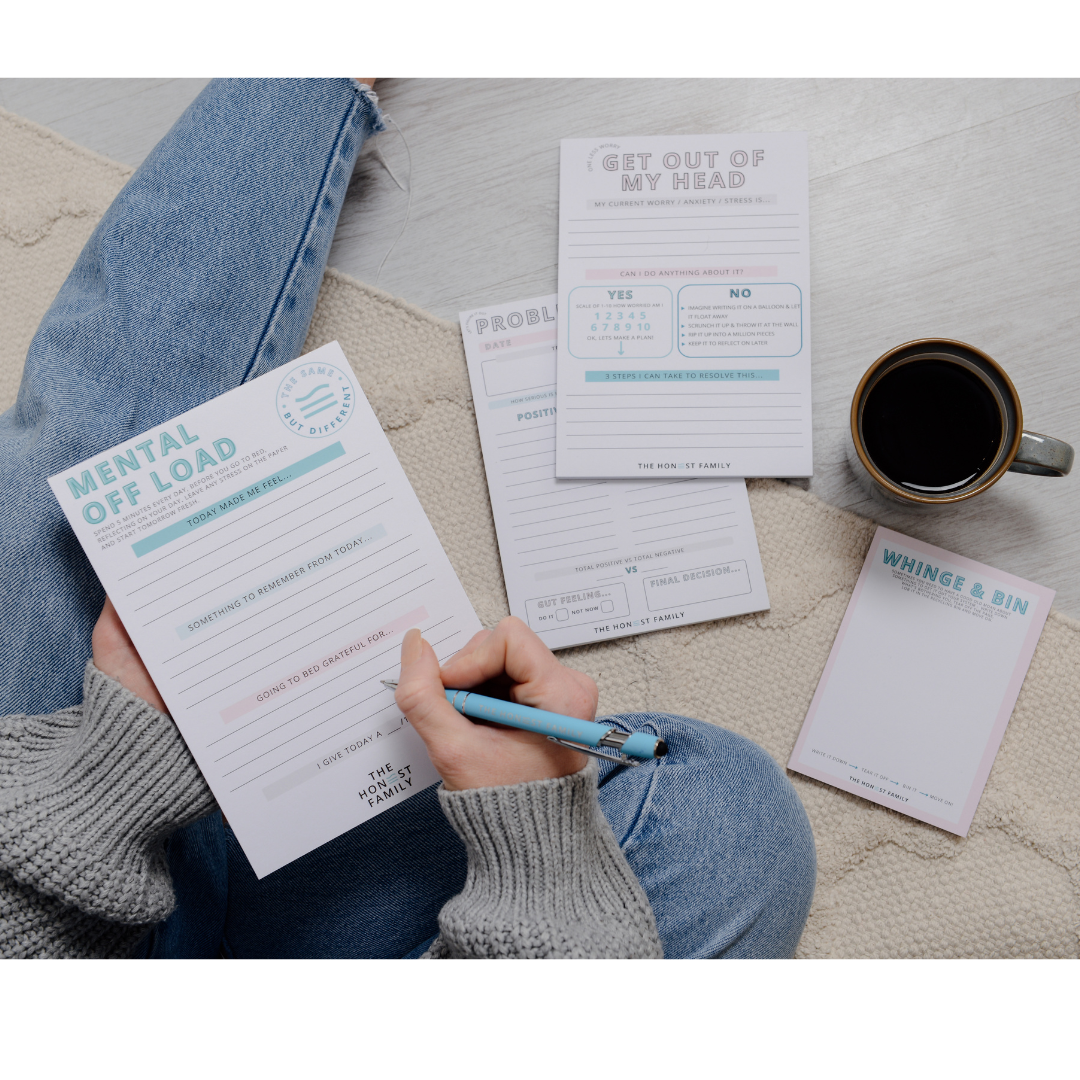 Mental Health Notepad Bundle - 5 Star Rated - 4 Notepads - A5 Mental Offload - A5 Get out my Head - A5 Problem Solver - Luxury pen with stylus- - A6 Whinge and Bin - The Honest Family