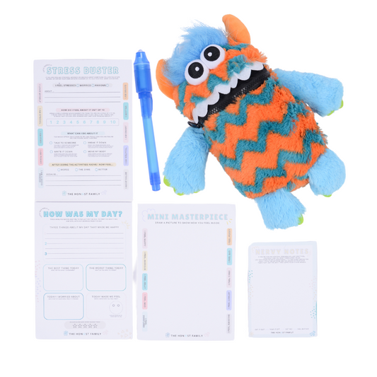 Worry Buster Children's / Kids / Inclusive Mental Health Bundle - Large Worry Monster - 4 Notepads - UV Light Pen - Anxiety Stress relief tool - The Honest Family