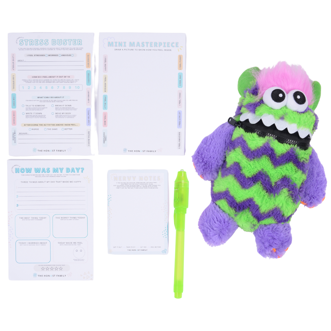 Worry Buster Children's / Kids / Inclusive Mental Health Bundle - Large Worry Monster - 4 Notepads - UV Light Pen - Anxiety Stress relief tool - The Honest Family