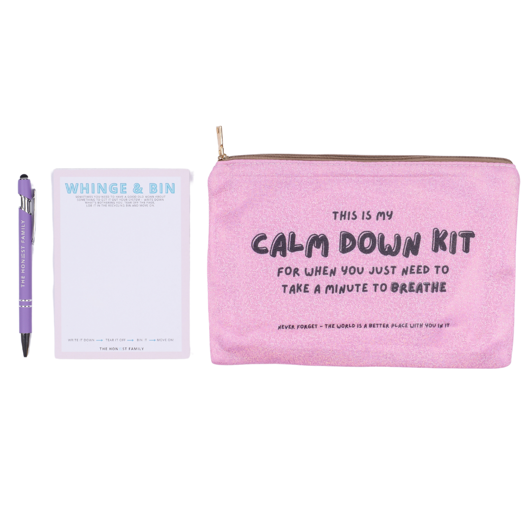 Calm Down Kit -  Mental Health Set - Cosmetic bag - Pen / stylus - Whinge and Bin Notepad - The Honest Family