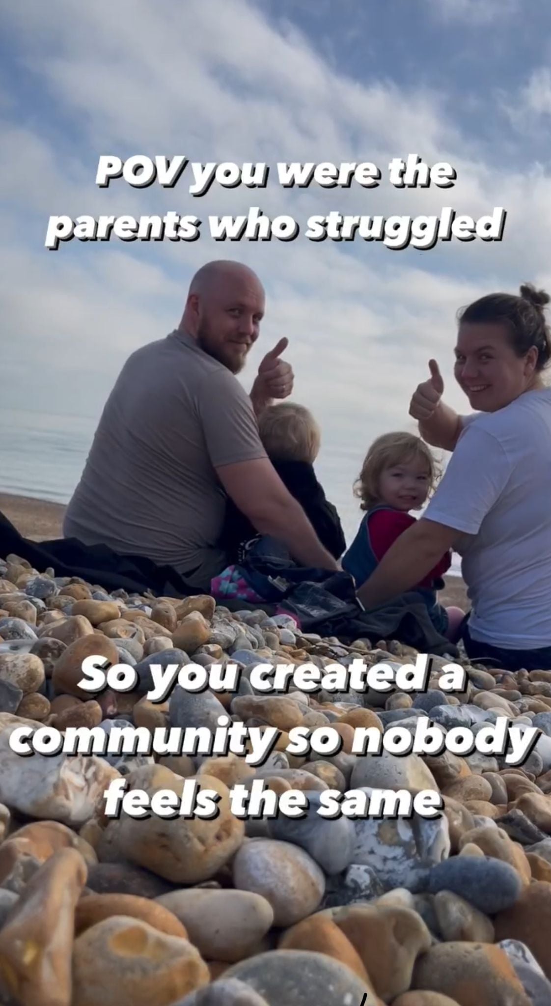 POv you were parents that struggled so you created a community so nobody feels the same - Pic of the honest family sitting on beach