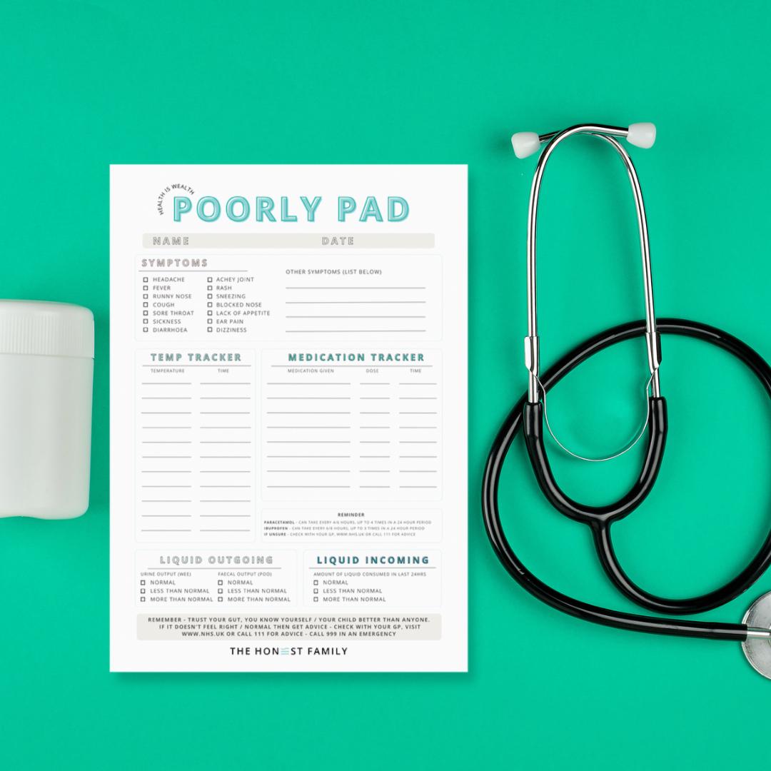 Poorly Pad notepad for parents and care givers