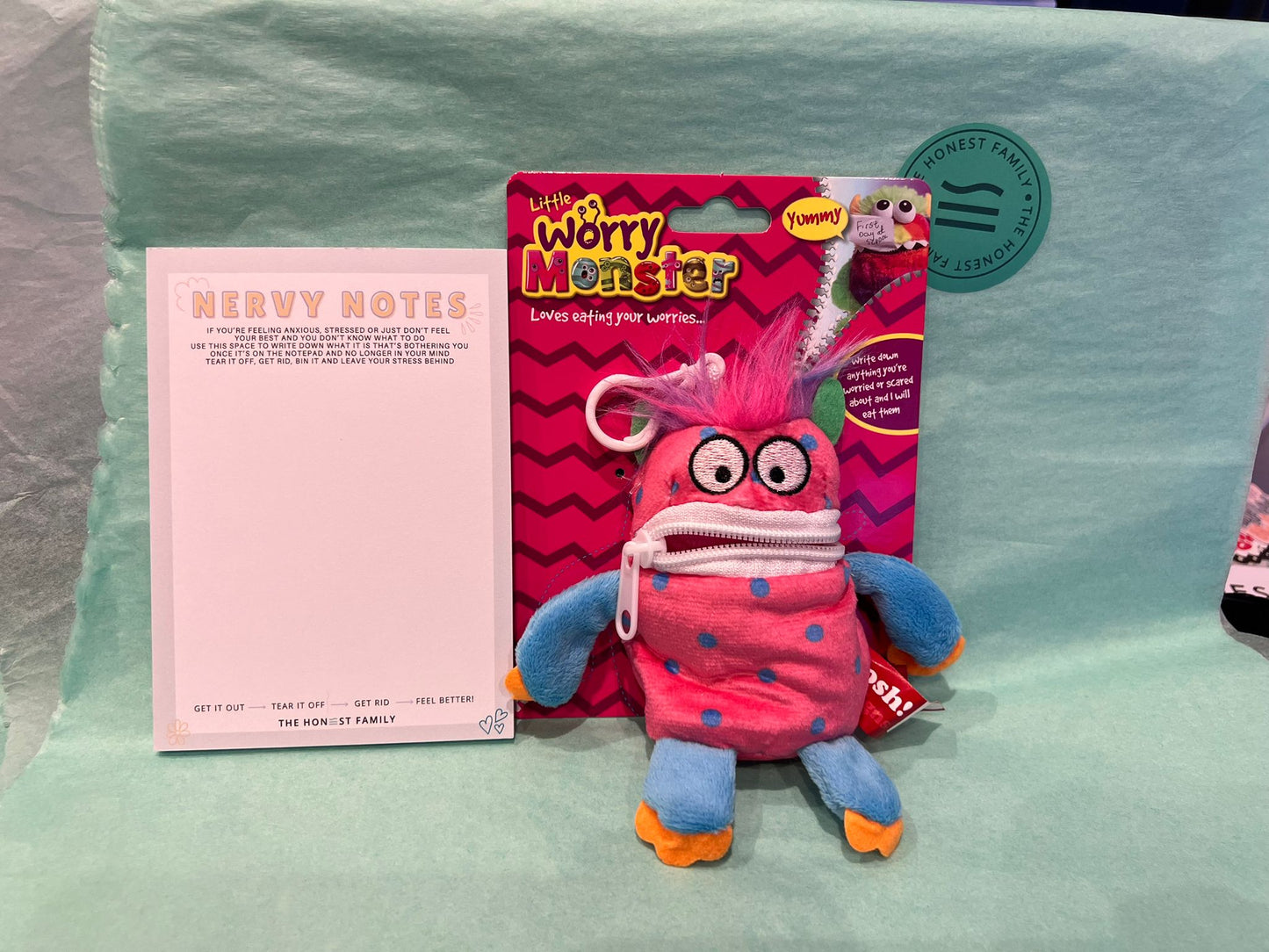 MINI Worry Monster Keyring set - UV PEN light - A6 Nervy Notes - Boys - Girls - Children's Mental Health - Educational - Toy - Gift- The Honest Family